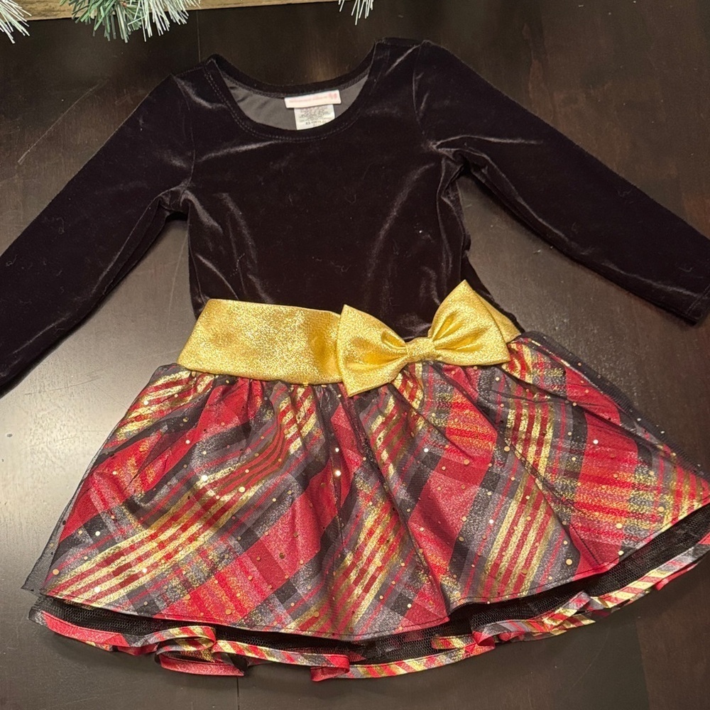 Bonnie Jean Velvet and Plaid Dress with Gold Bow
